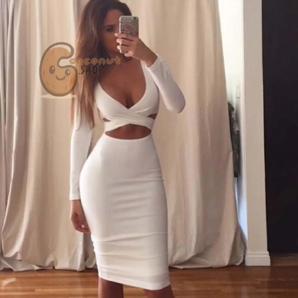 Sexy Cut-Out Long Sleeve Bandage Bodycon Mini Dress - White / S