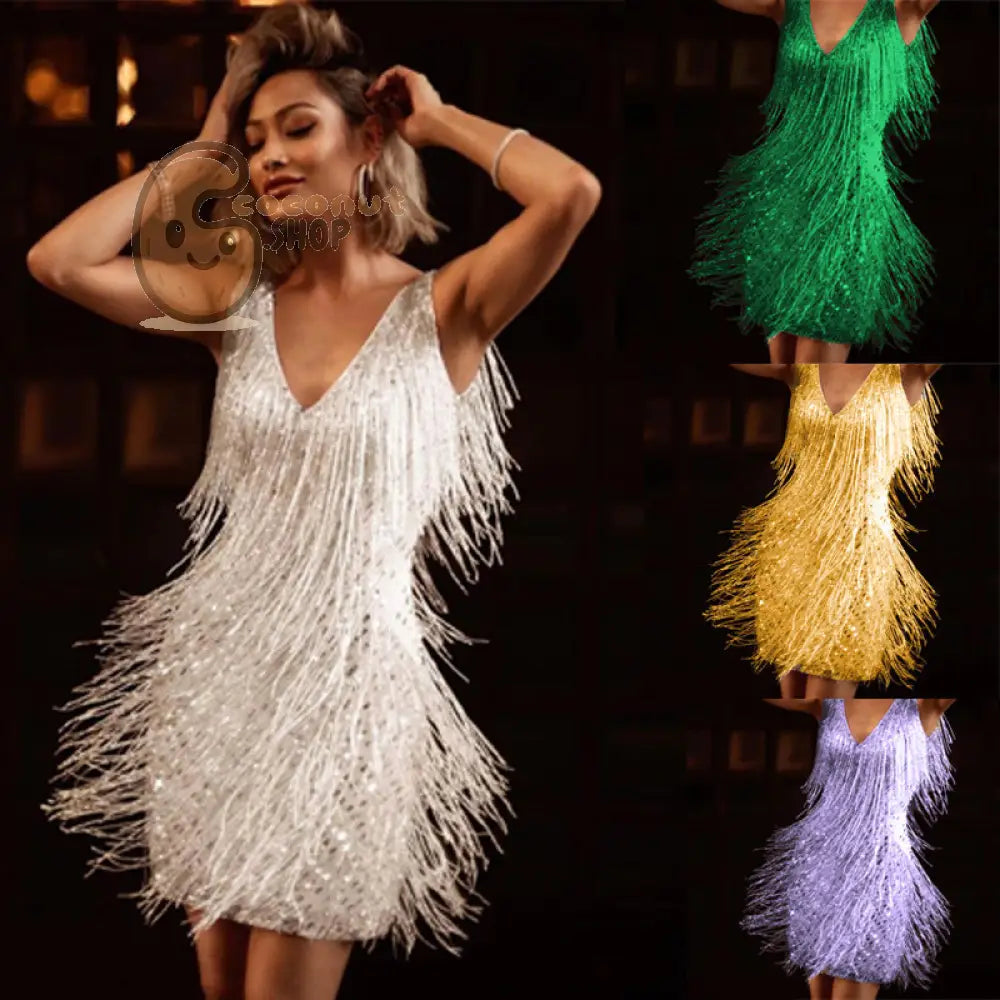 Sexy Deep V Sleeveless Pencil Dress Fringed Skirt
