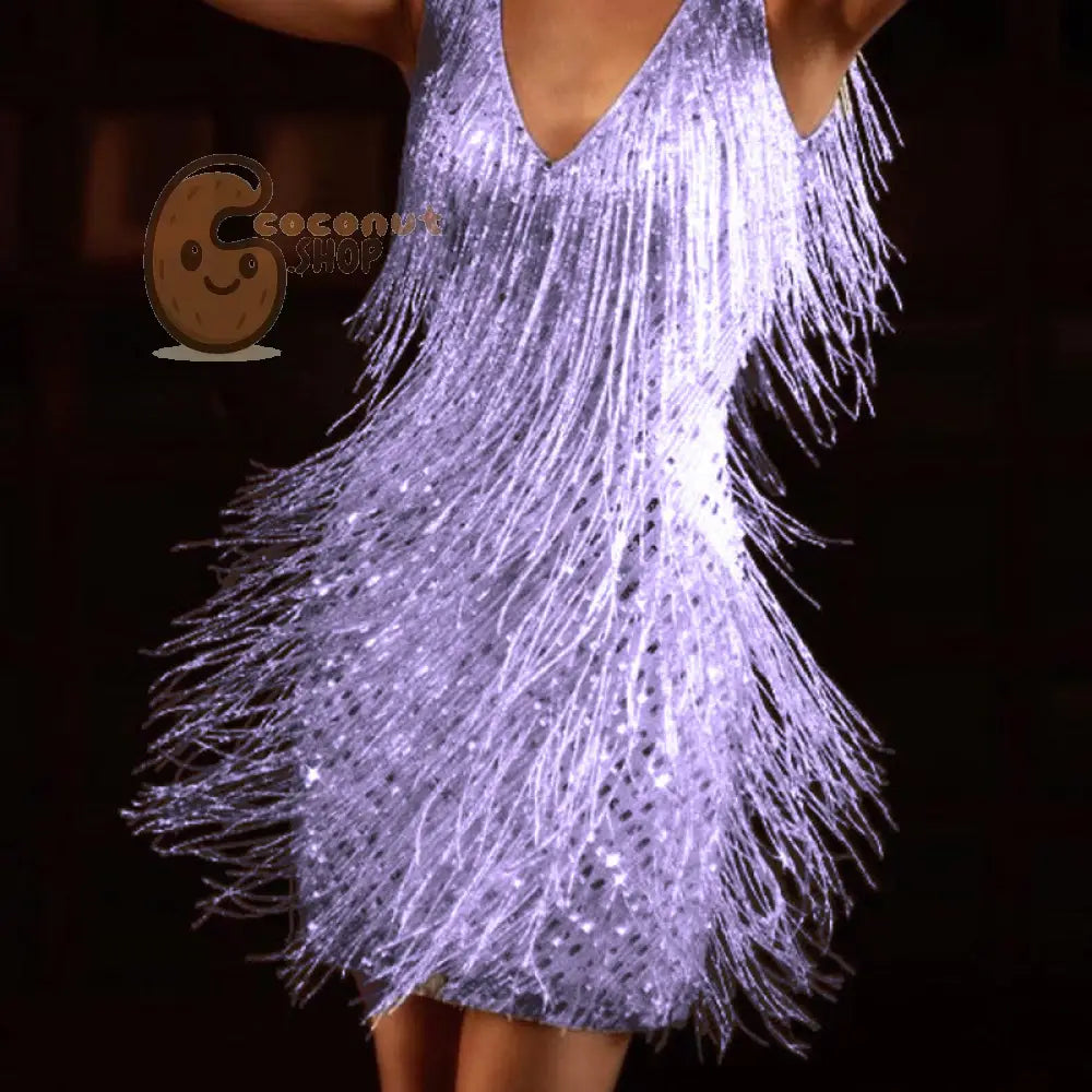 Sexy Deep V Sleeveless Pencil Dress Fringed Skirt - Purple / S