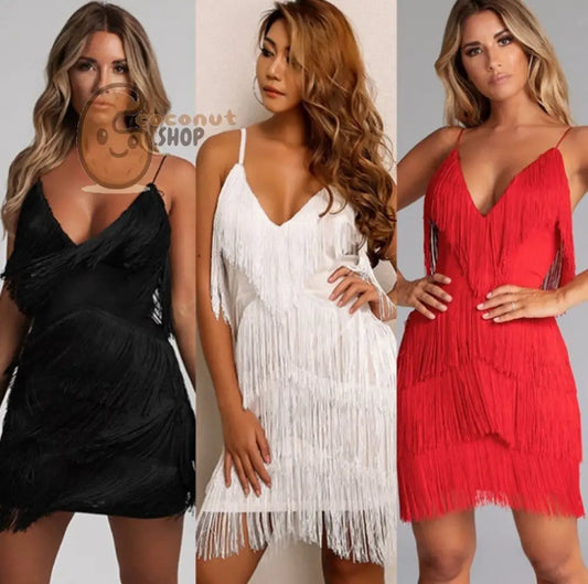 Sexy Dress Fringed Stitching Backless Dress Skirt Deep V-Neck Dress