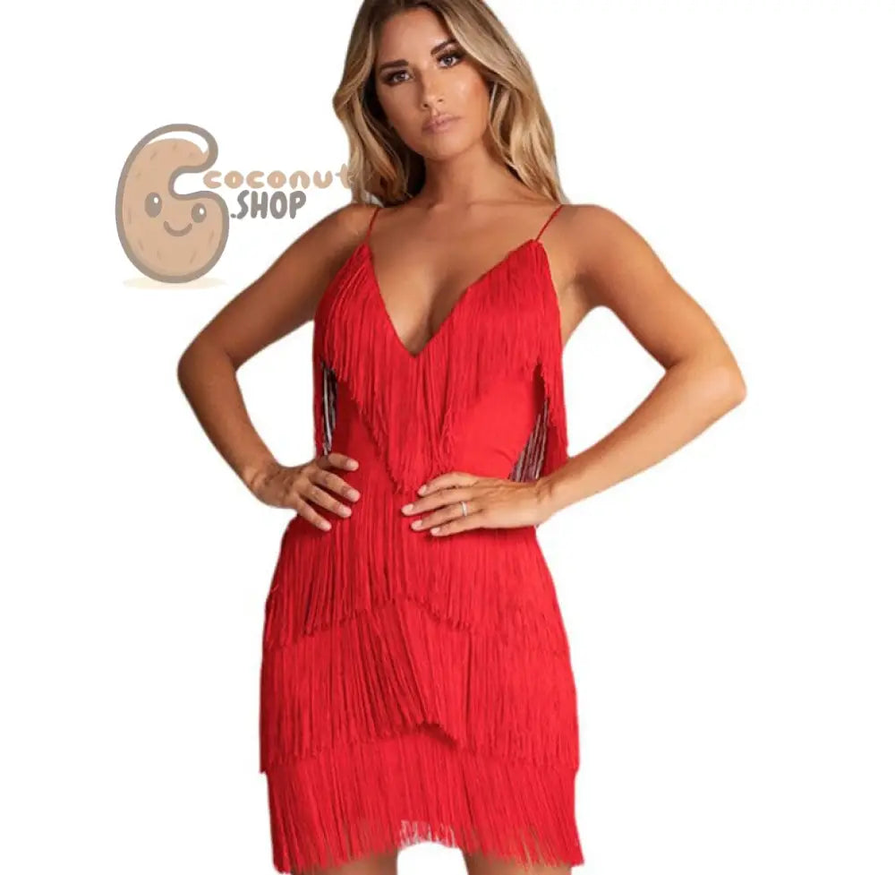 Sexy Dress Fringed Stitching Backless Dress Skirt Deep V-Neck Dress - Red / S