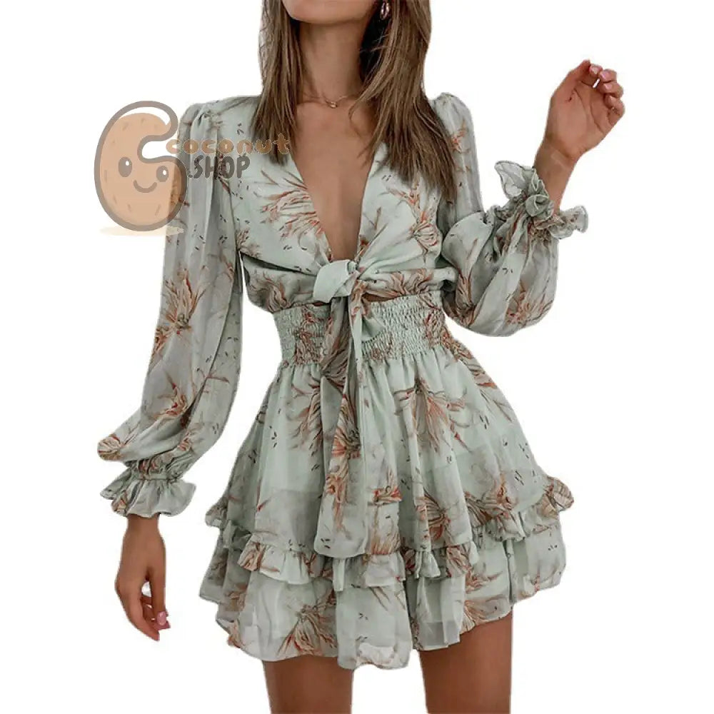 Sexy Long Sleeve Ruffled V Neck Waist Dress for Women