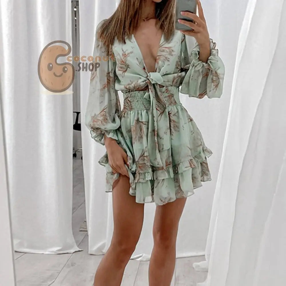 Sexy Long Sleeve Ruffled V Neck Waist Dress for Women