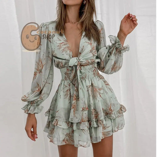Sexy Long Sleeve Ruffled V Neck Waist Dress for Women - Light Green / S