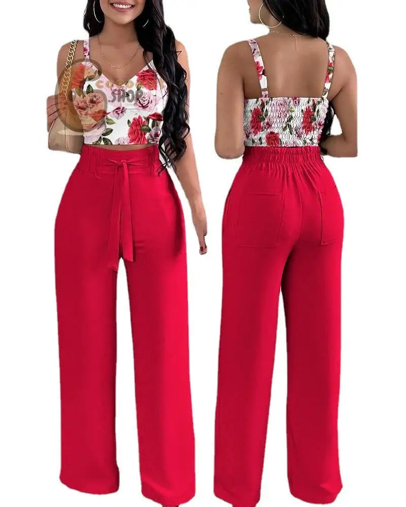 Sexy Print Strap Tie Long Pants Set of 2