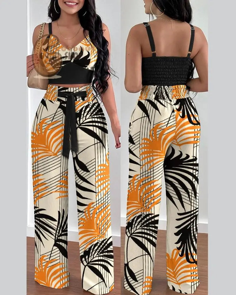 Sexy Print Strap Tie Long Pants Set of 2