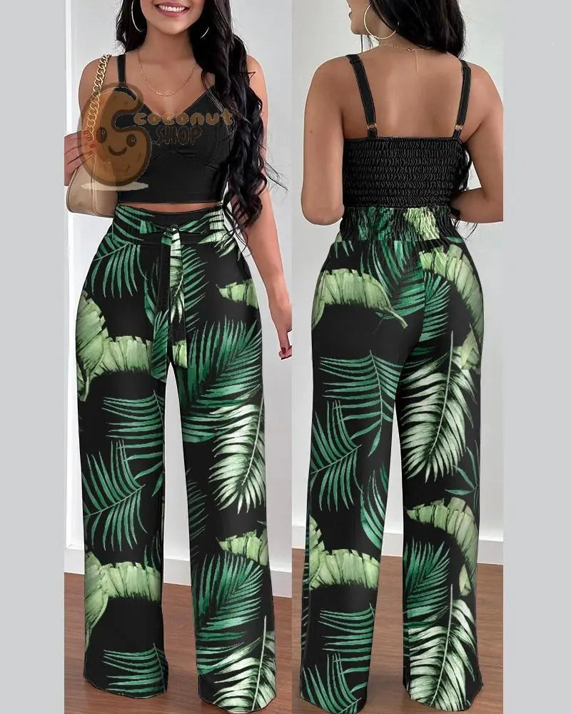 Sexy Print Strap Tie Long Pants Set of 2 - Green Printing / S
