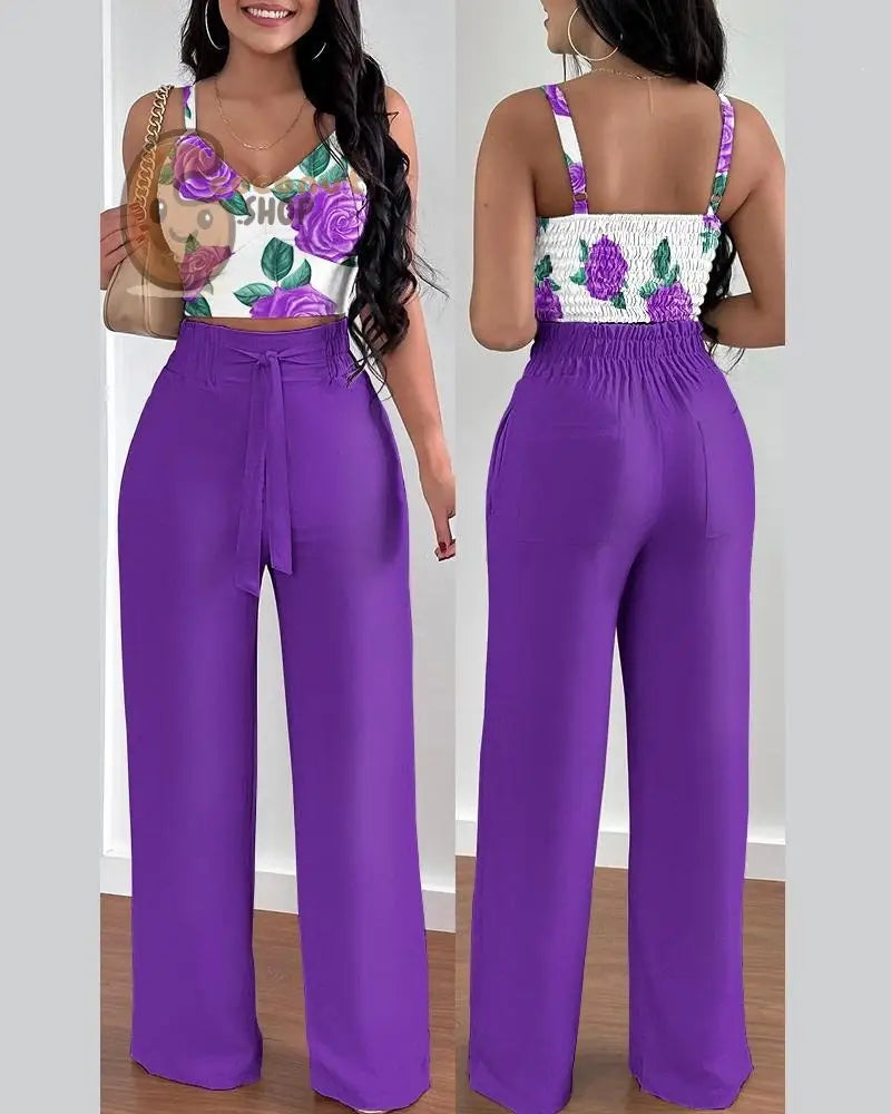 Sexy Print Strap Tie Long Pants Set of 2 - Purple Print / S