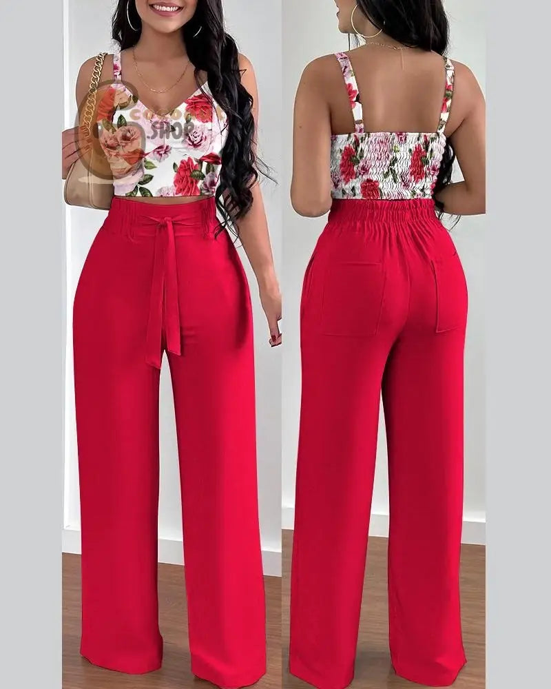 Sexy Print Strap Tie Long Pants Set of 2 - Red Printing / S