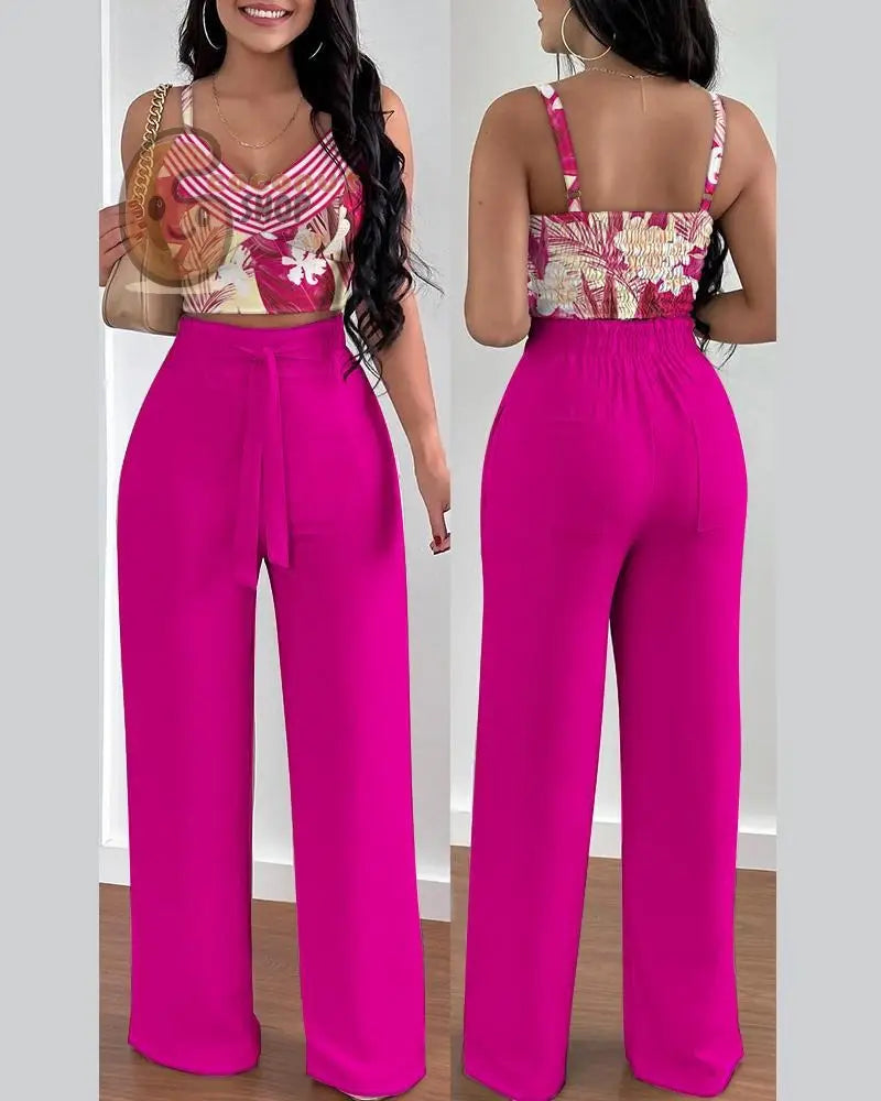 Sexy Print Strap Tie Long Pants Set of 2 - Rose Red Printing / S