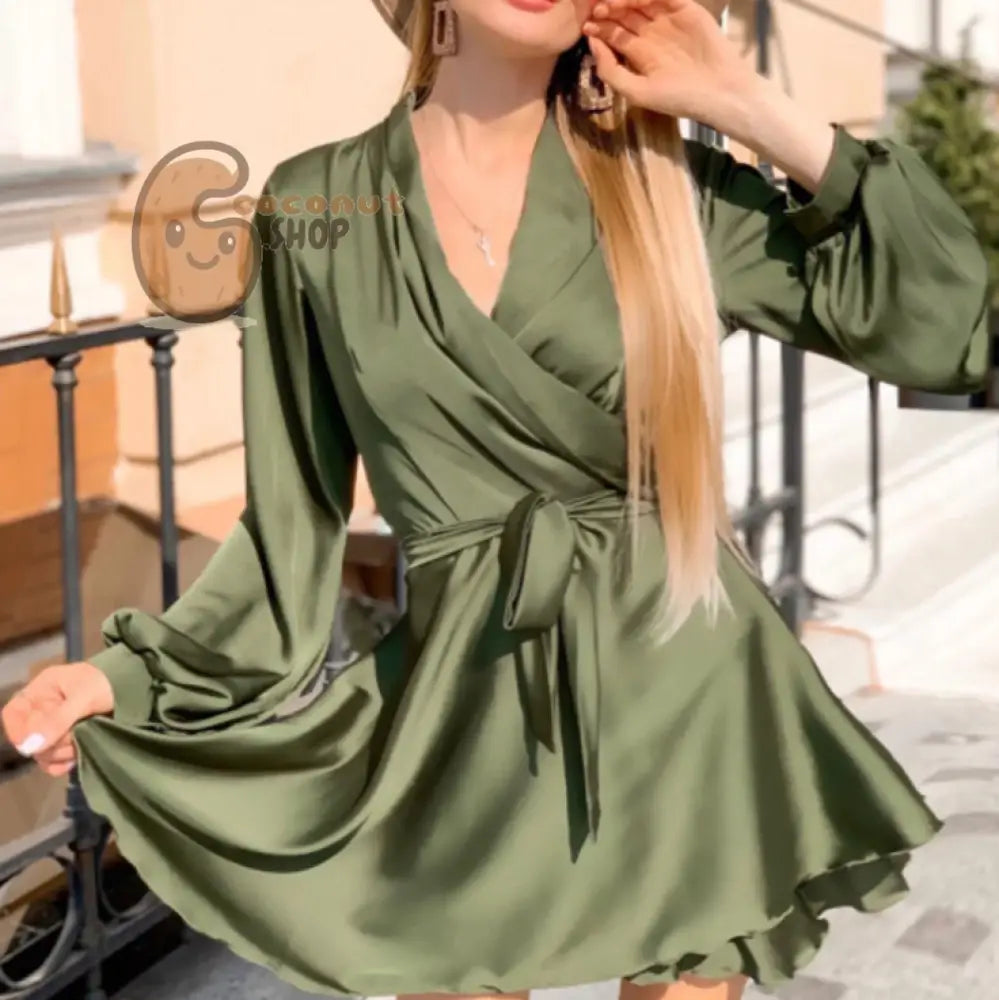 Sexy Satin Sashes A Line Mini Dress Lantern Sleeve Elegant Party Dress Autumn Fashion Women’s Clothing Streetwear