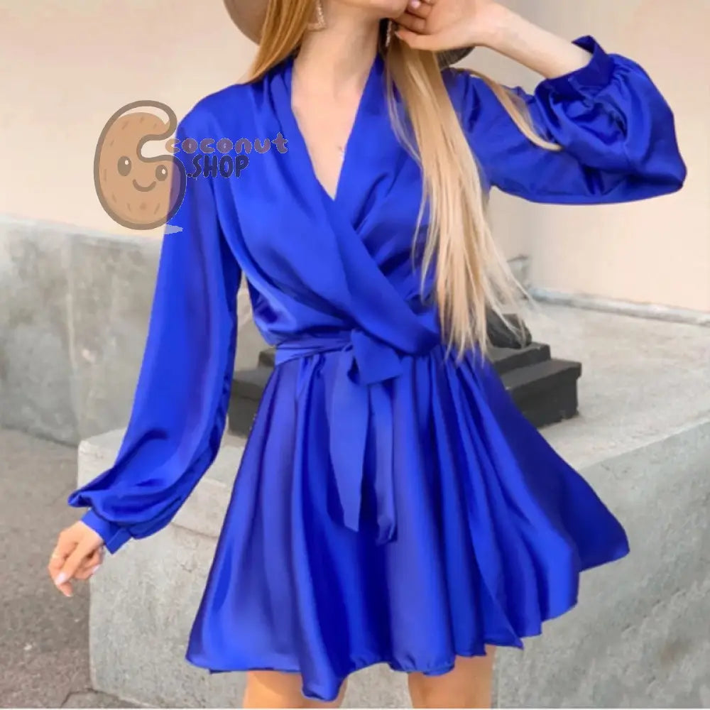 Sexy Satin Sashes A Line Mini Dress Lantern Sleeve Elegant Party Dress Autumn Fashion Women’s Clothing Streetwear