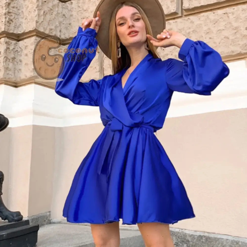 Sexy Satin Sashes A Line Mini Dress Lantern Sleeve Elegant Party Dress Autumn Fashion Women’s Clothing Streetwear