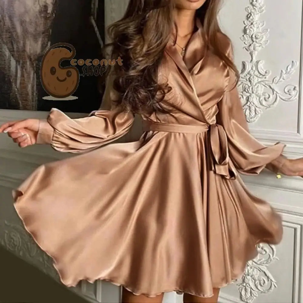 Sexy Satin Sashes A Line Mini Dress Lantern Sleeve Elegant Party Dress Autumn Fashion Women’s Clothing Streetwear