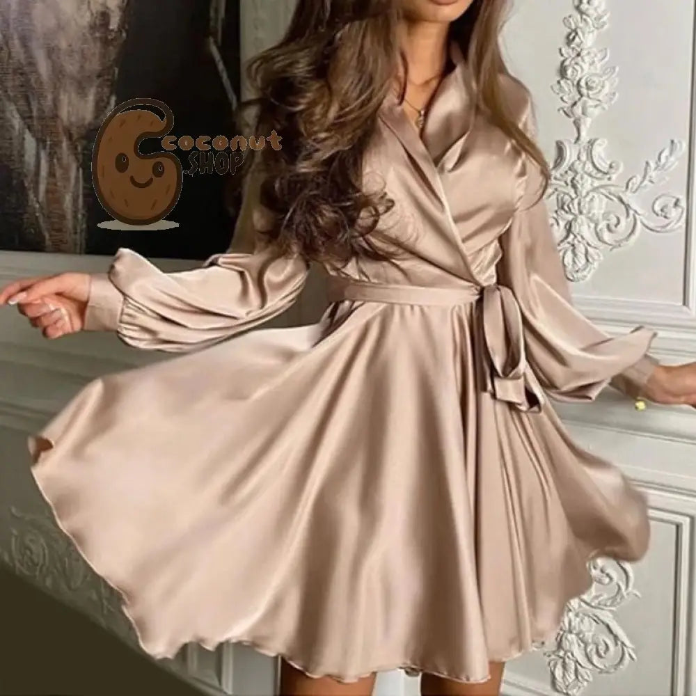 Sexy Satin Sashes A Line Mini Dress Lantern Sleeve Elegant Party Dress Autumn Fashion Women’s Clothing Streetwear
