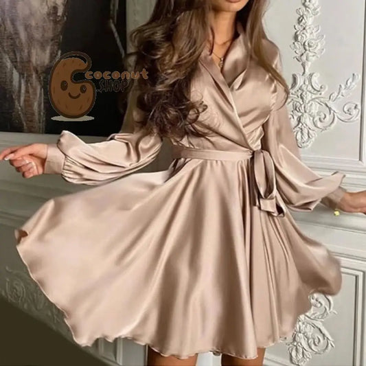 Sexy Satin Sashes A Line Mini Dress Lantern Sleeve Elegant Party Dress Autumn Fashion Women’s Clothing Streetwear