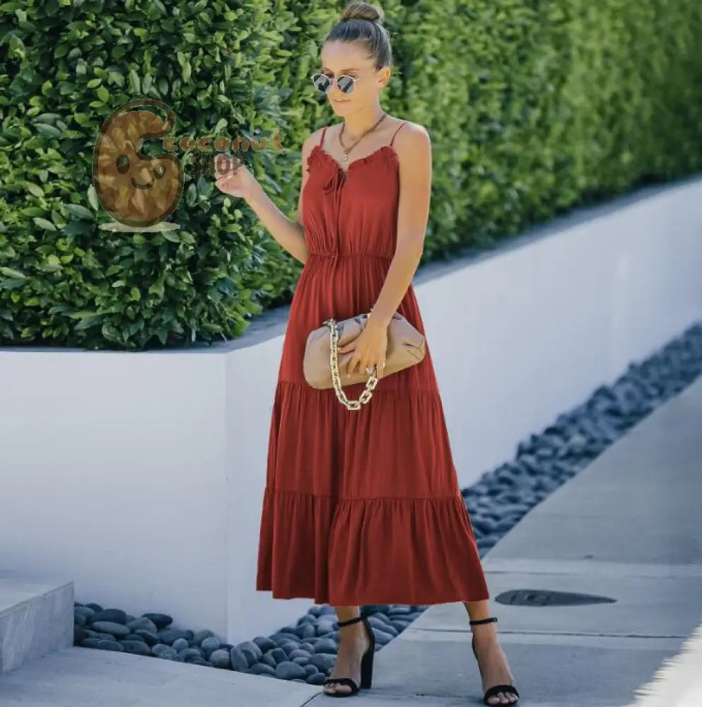 Sexy Solid Color Ruffled Long Dress - Brick red / S