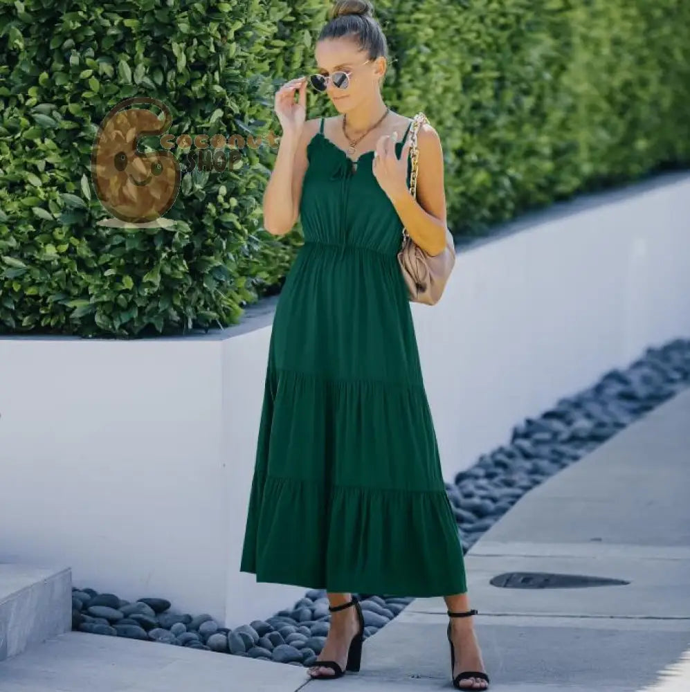 Sexy Solid Color Ruffled Long Dress - Dark green / S