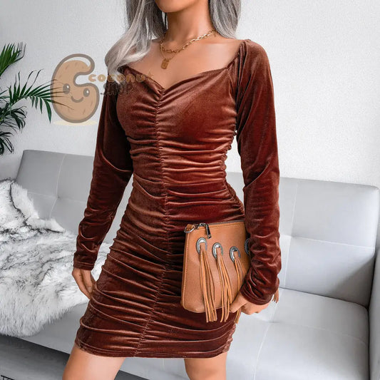 Sexy Square Neck Velvet Hip Dress Small Dress