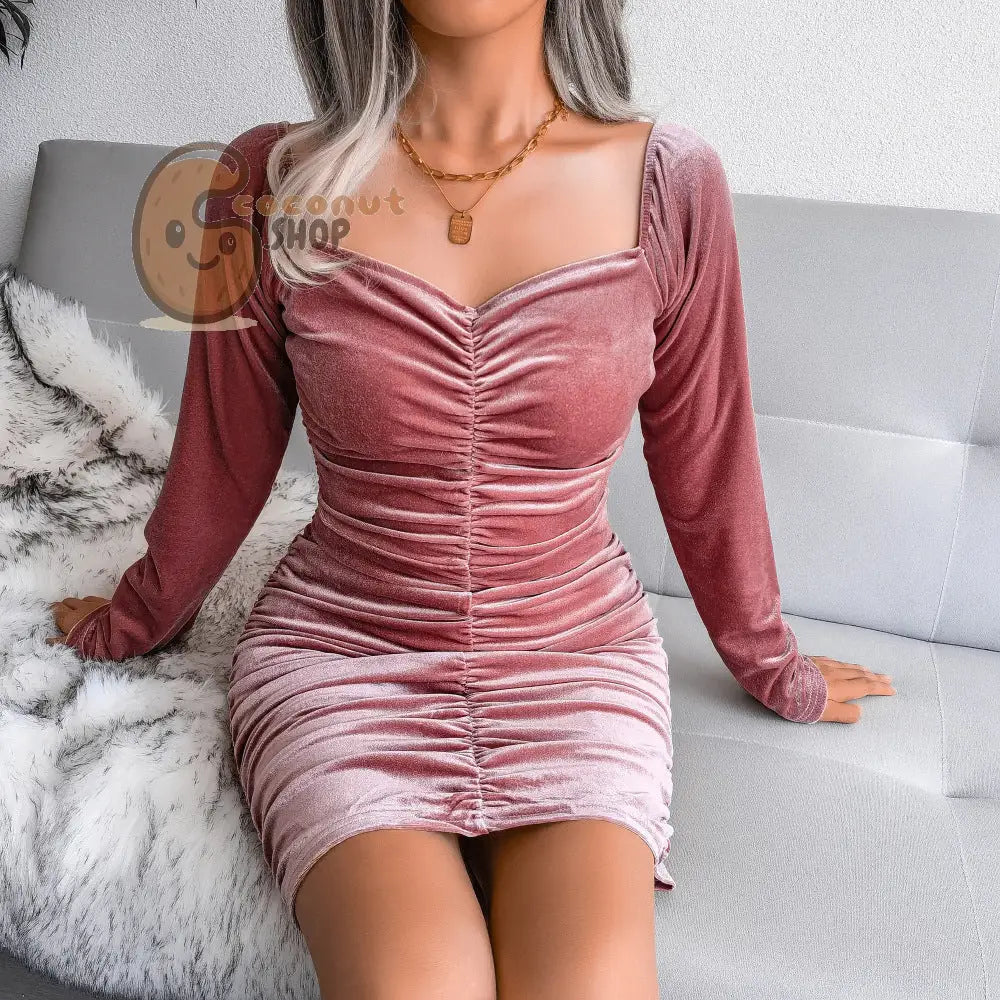 Sexy Square Neck Velvet Hip Dress Small Dress - Pink / S