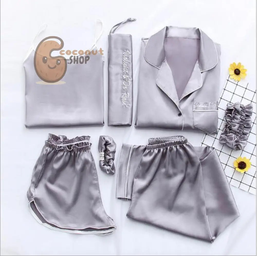 Silk Pajama Set: 7-Piece Nightwear - gray / L