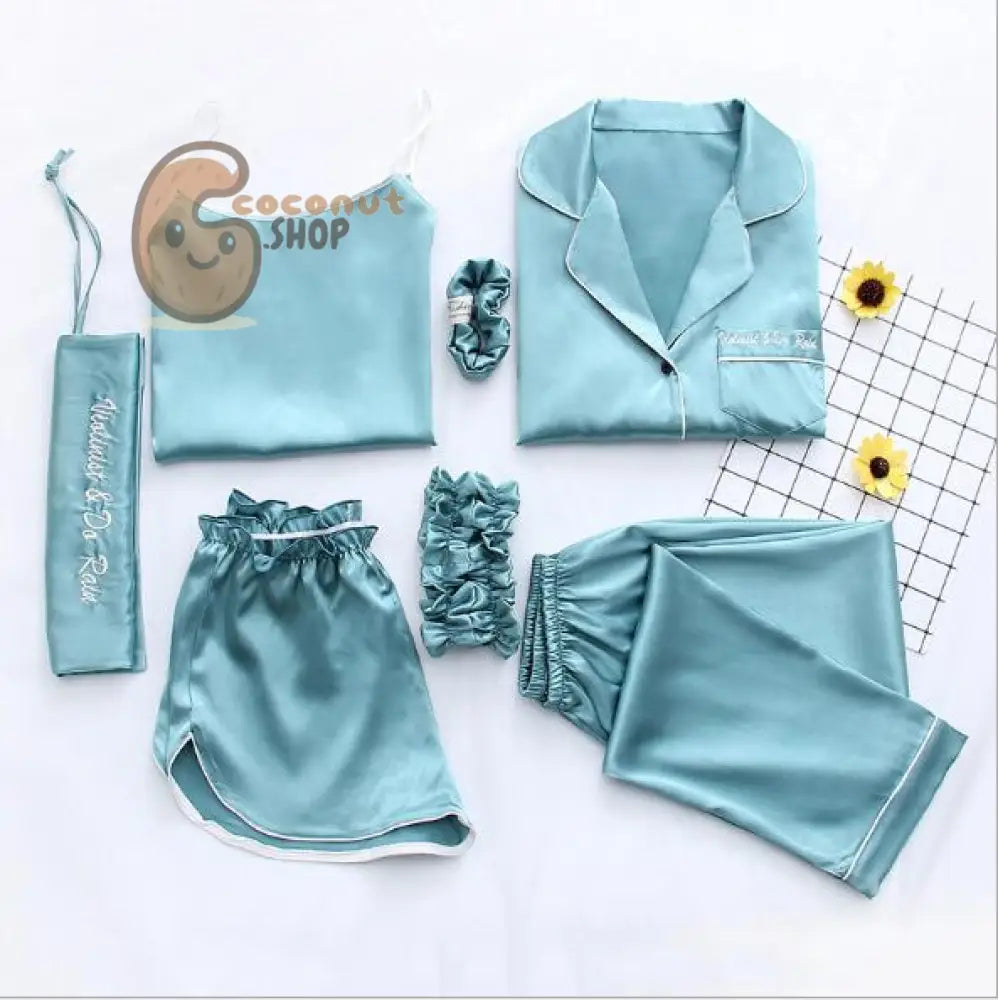Silk Pajama Set: 7-Piece Nightwear - green / L