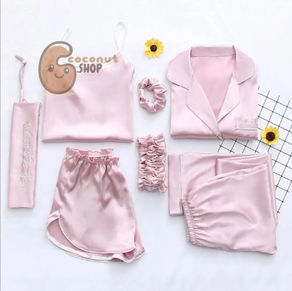 Silk Pajama Set: 7-Piece Nightwear - pink / L