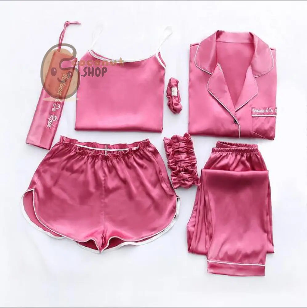 Silk Pajama Set: 7-Piece Nightwear - rose red / L