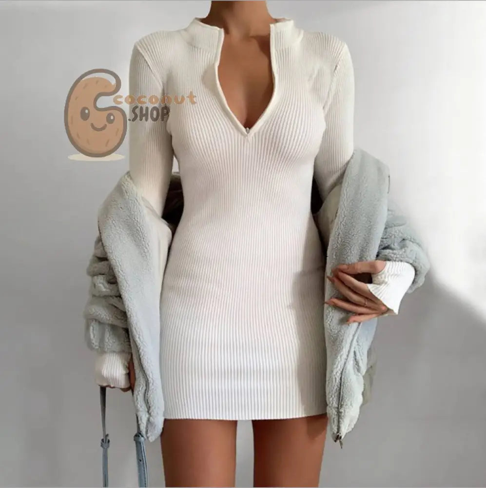 Sizzling Elegance: Embrace Winter-Fall Vibes with the Ribbed Bodycon Dress - Stand Collar Sophistication and Deep
