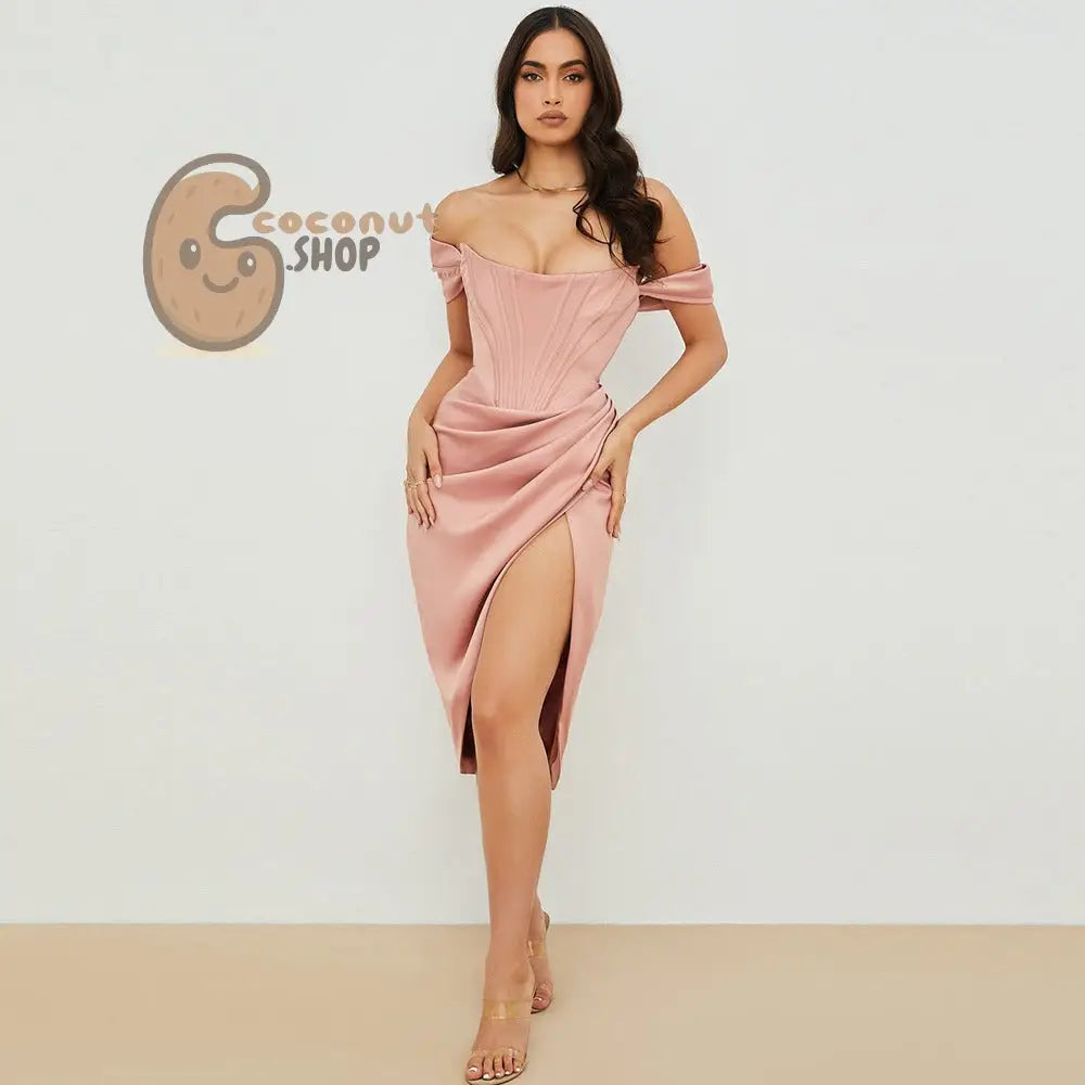 Sleek Fish Bone Shoulder Cut-Out Dress: Slimming Elegance with a Touch of Sexy Solid Color Chic - Pink / XS - dress
