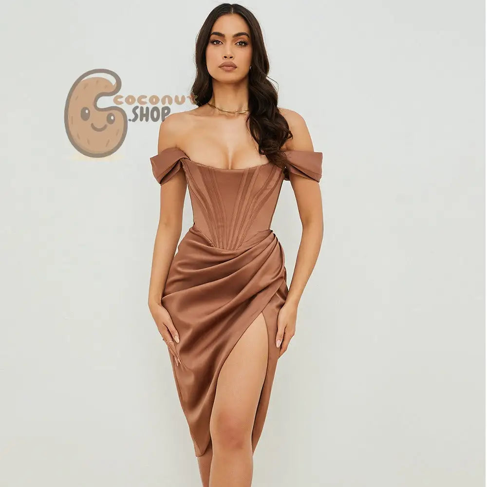 Sleek Fish Bone Shoulder Cut-Out Dress: Slimming Elegance with a Touch of Sexy Solid Color Chic - Brown / XS - dress
