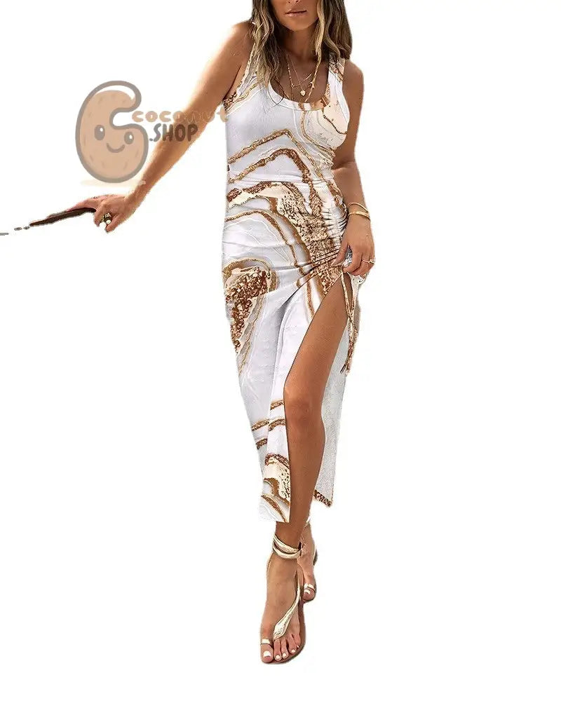 Slim Fit Drawstring Split Sleeveless Dress Tank Top Skirt