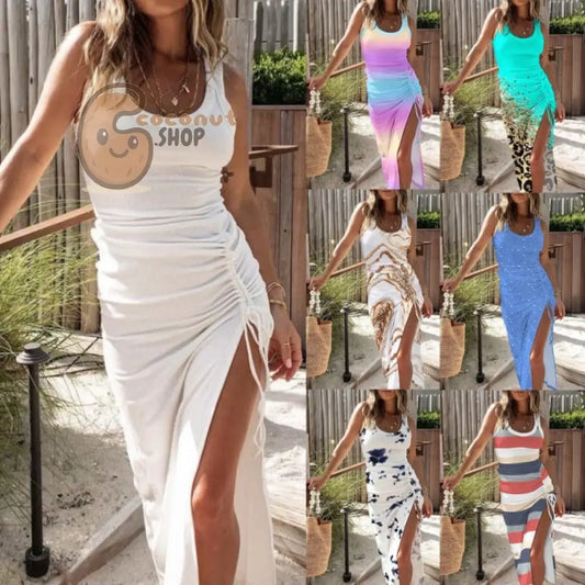 Slim Fit Drawstring Split Sleeveless Dress Tank Top Skirt