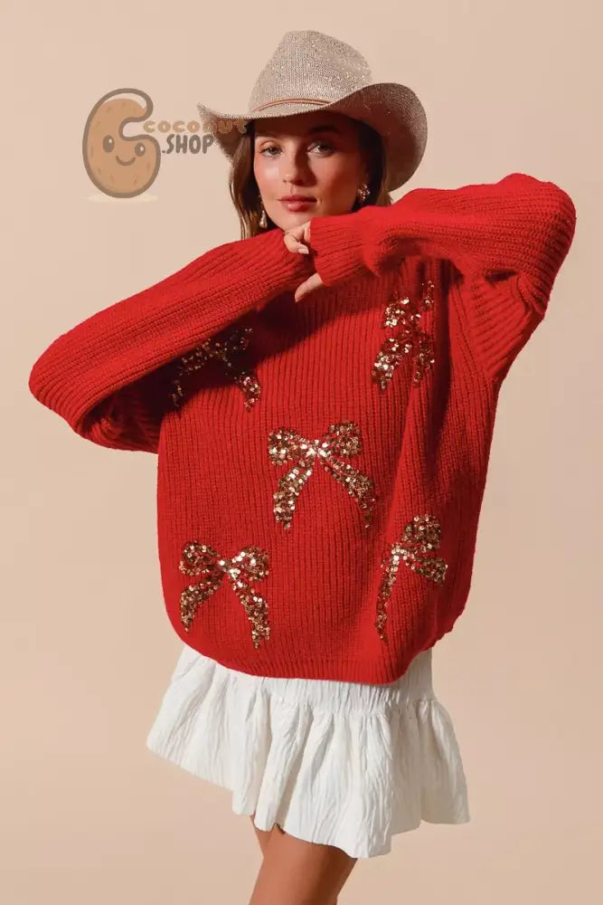 SO ME All Over Ribbon Sequins Christmas Holiday Sweater