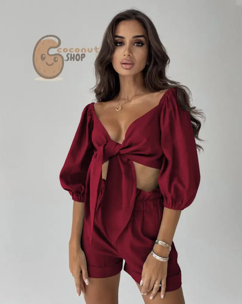 Solid Color Fashion Sexy Cotton Linen Cardigan Top Pocket Shorts Casual Suit