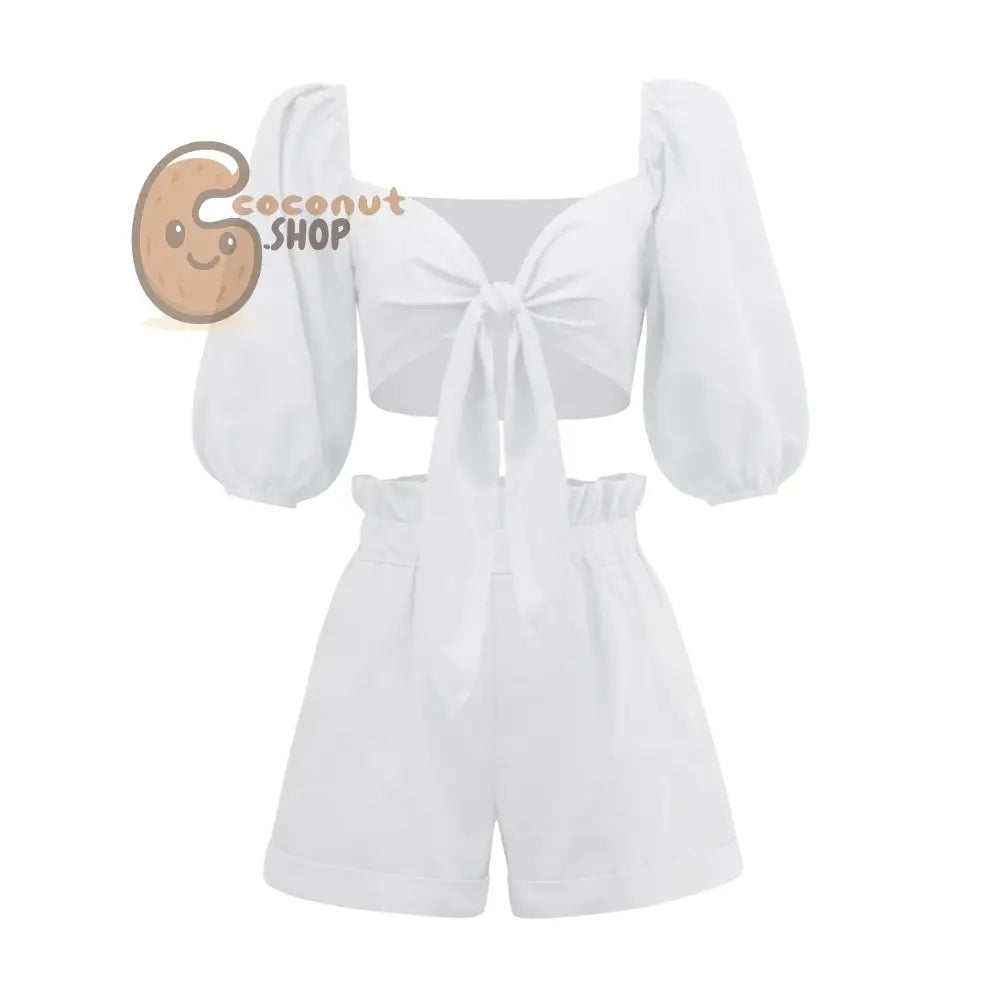 Solid Color Fashion Sexy Cotton Linen Cardigan Top Pocket Shorts Casual Suit - White / S