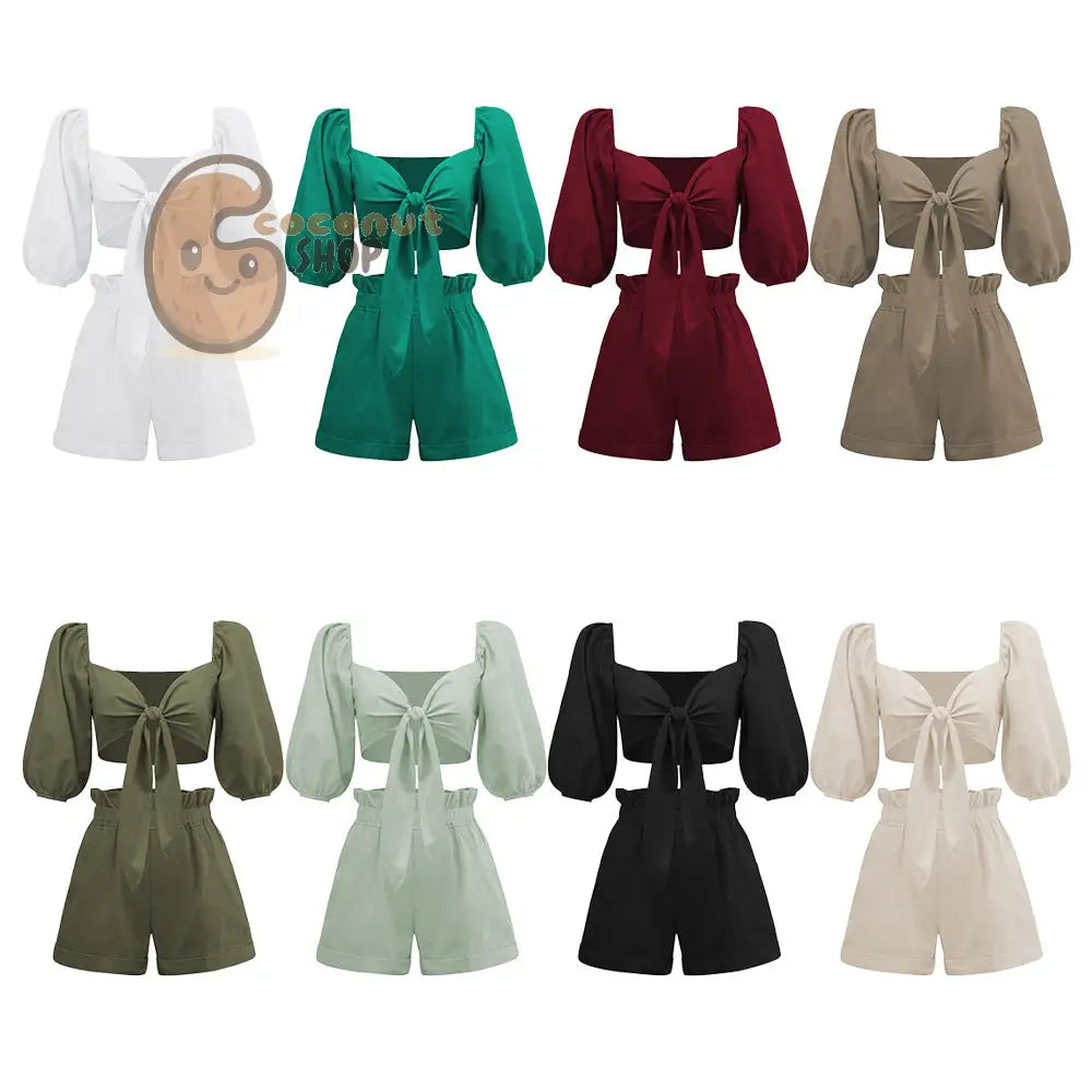 Solid Color Fashion Sexy Cotton Linen Cardigan Top Pocket Shorts Casual Suit