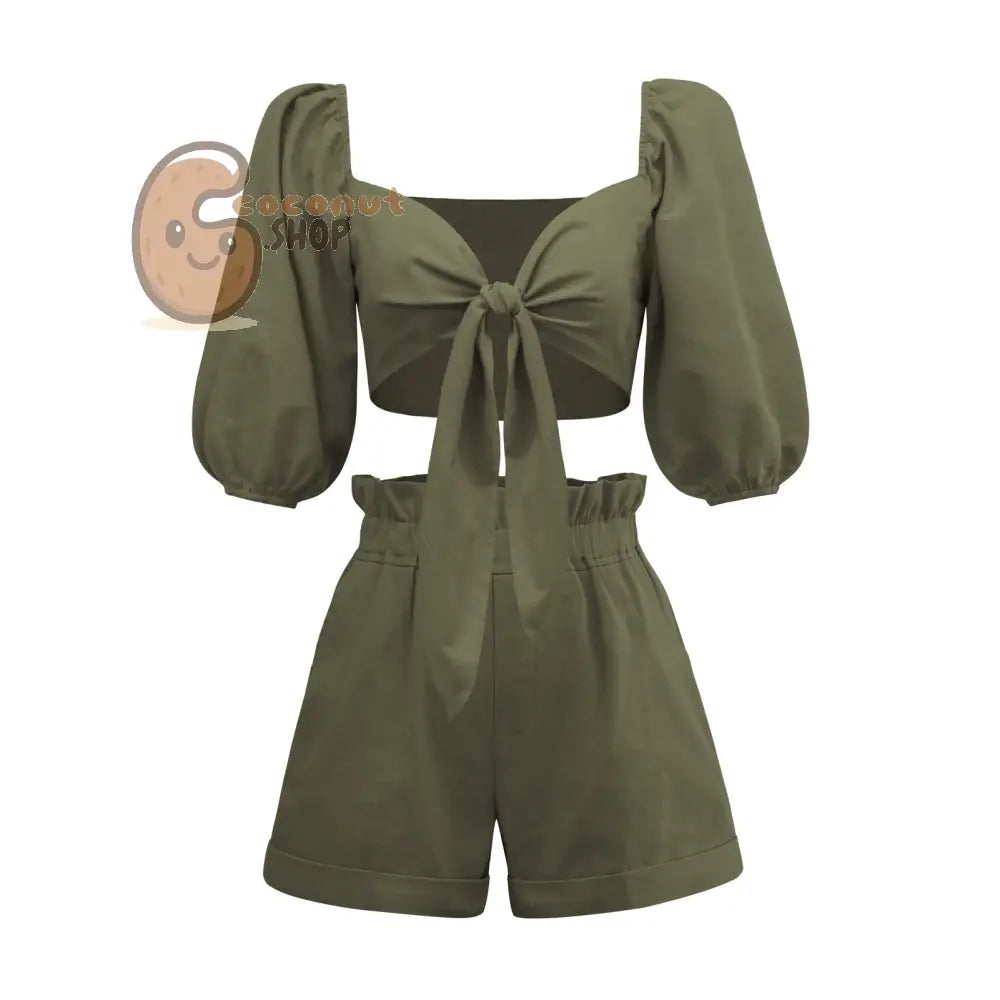 Solid Color Fashion Sexy Cotton Linen Cardigan Top Pocket Shorts Casual Suit - Army Green / S