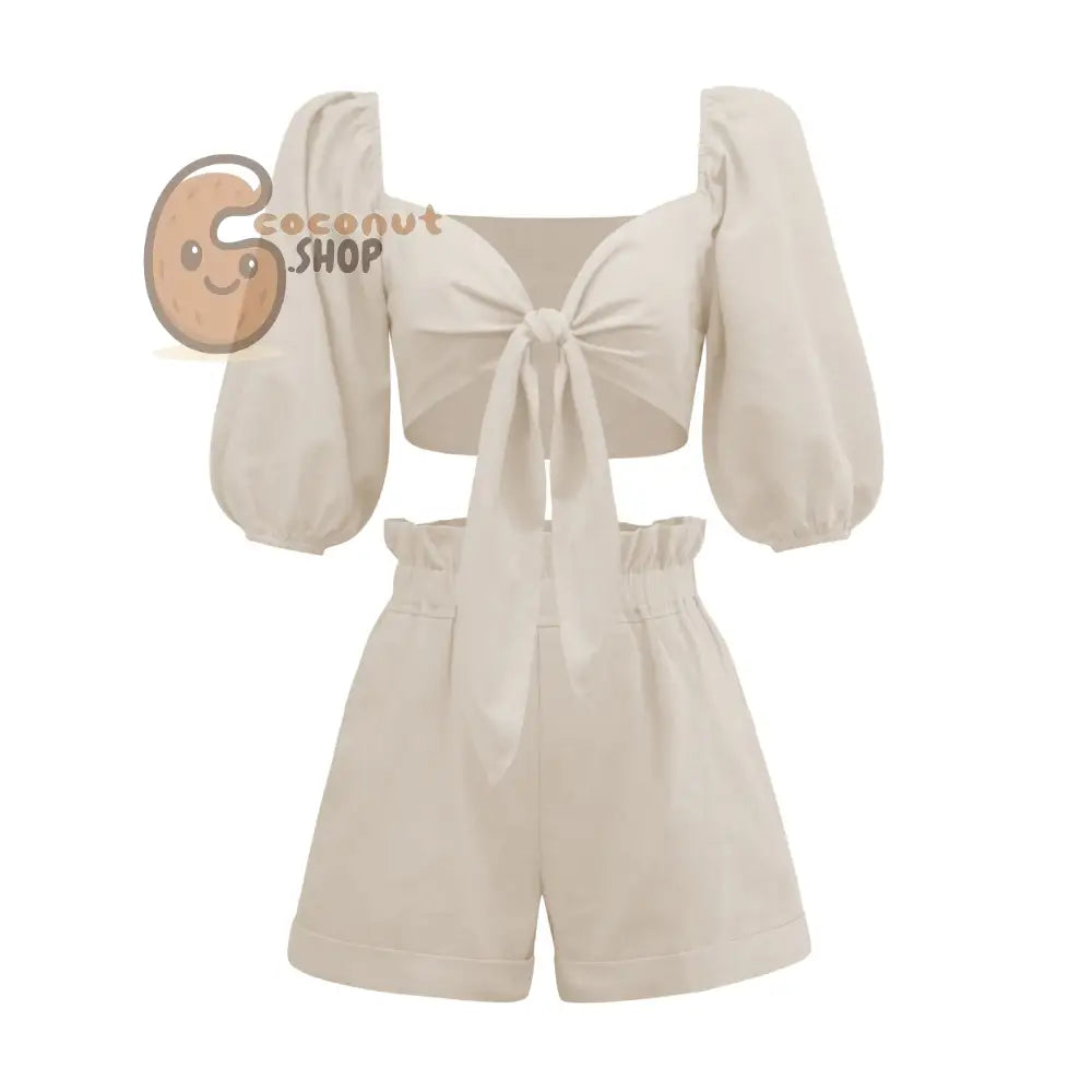 Solid Color Fashion Sexy Cotton Linen Cardigan Top Pocket Shorts Casual Suit - Apricot / S