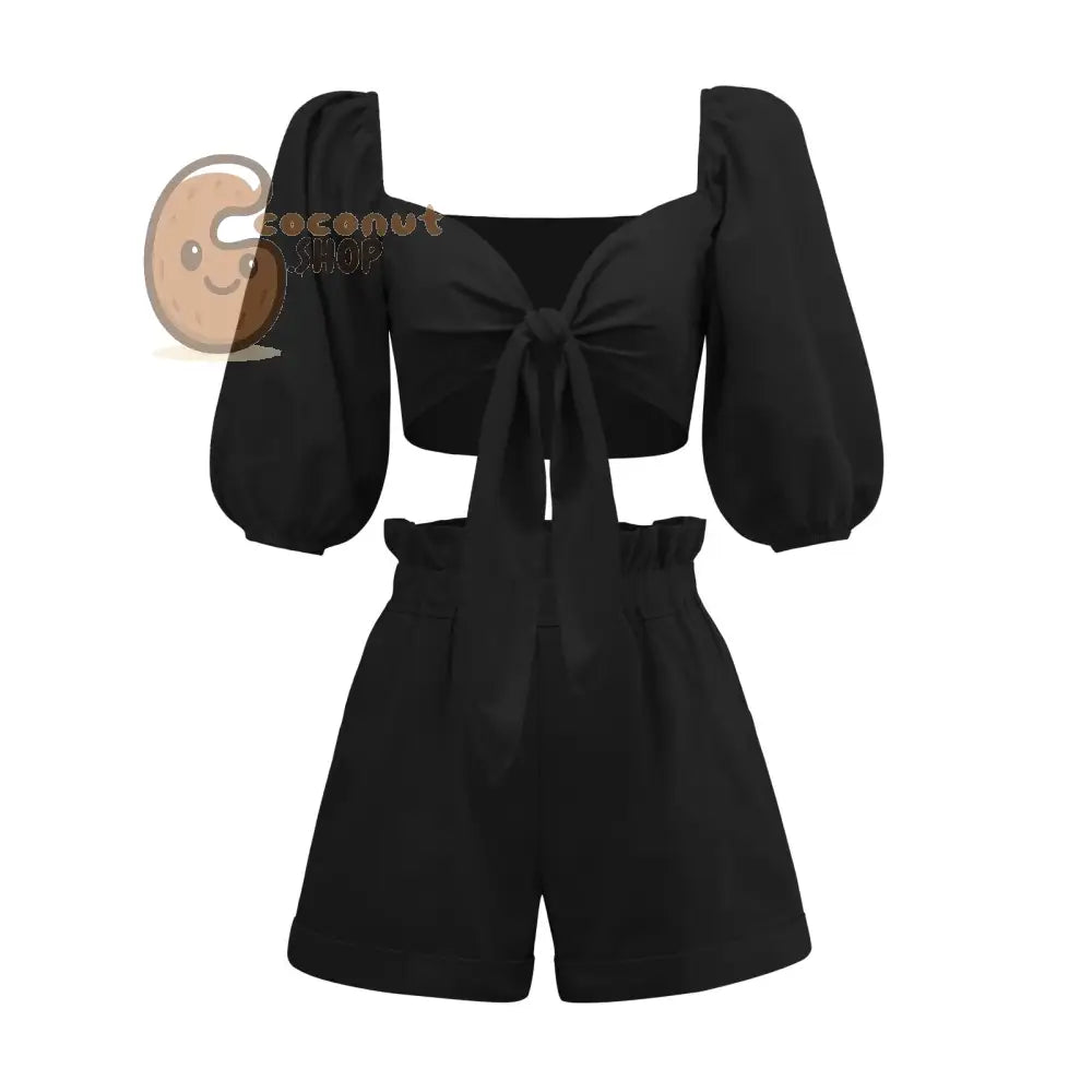 Solid Color Fashion Sexy Cotton Linen Cardigan Top Pocket Shorts Casual Suit - Black / S