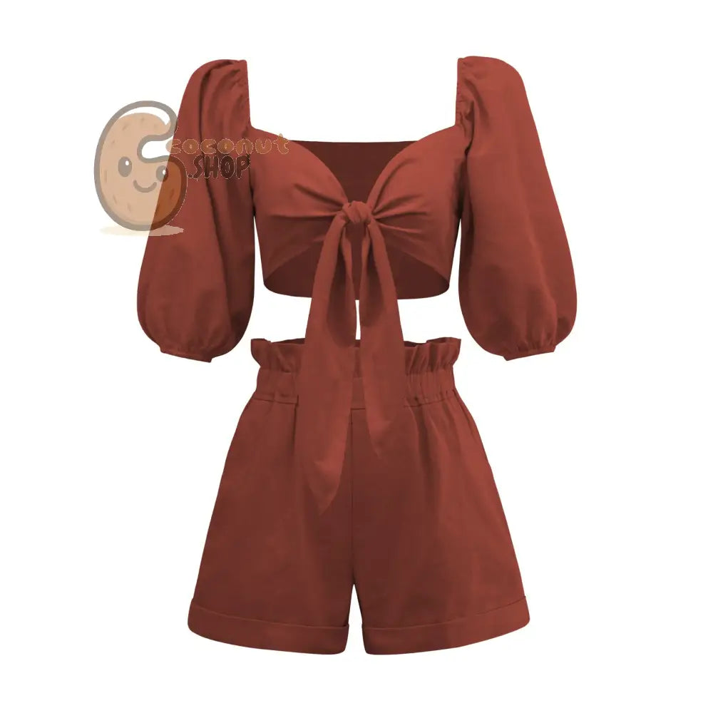 Solid Color Fashion Sexy Cotton Linen Cardigan Top Pocket Shorts Casual Suit - Brick Red / S