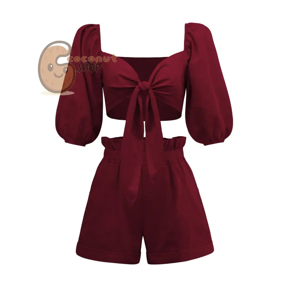 Solid Color Fashion Sexy Cotton Linen Cardigan Top Pocket Shorts Casual Suit - Wine Red / S
