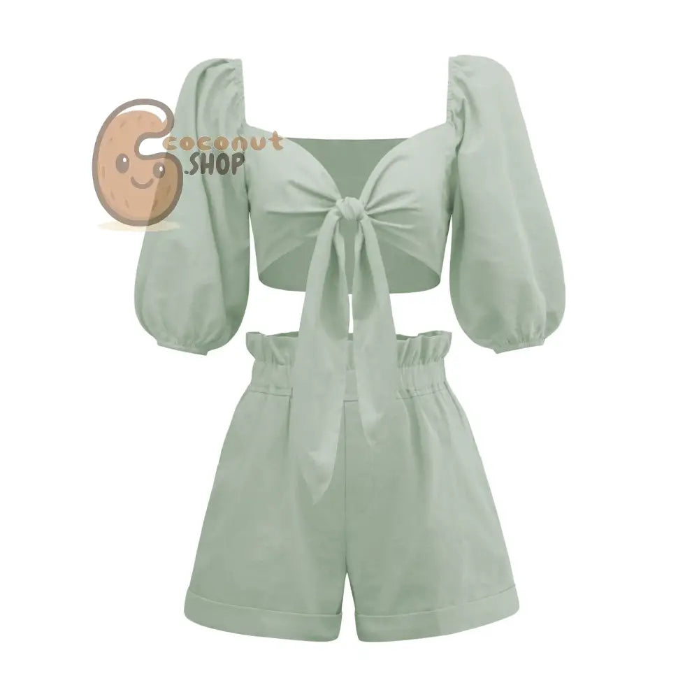 Solid Color Fashion Sexy Cotton Linen Cardigan Top Pocket Shorts Casual Suit - Mint Green / S