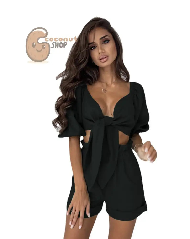 Solid Color Fashion Sexy Cotton Linen Cardigan Top Pocket Shorts Casual Suit