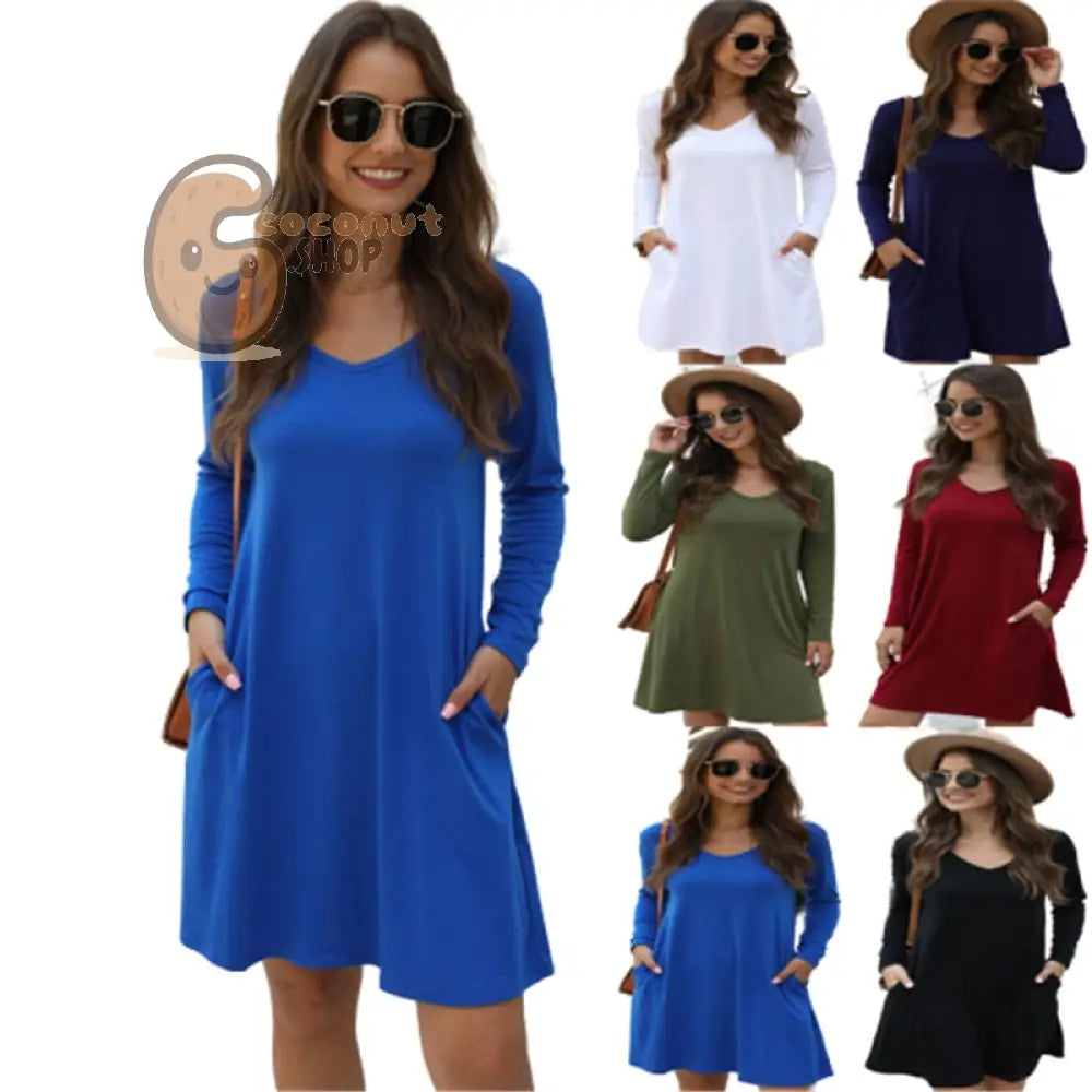 Solid V-Neck Pocket T-Shirt Dress