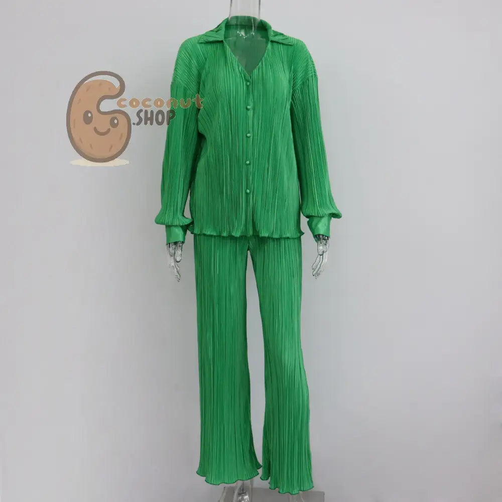 Sophisticated Pleated V-Neck Shirt and Casual Pants Two-Piece Set – Elegance Redefined - Green / S