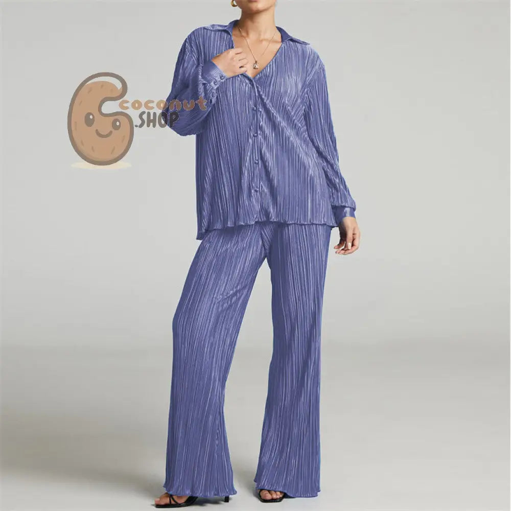 Sophisticated Pleated V-Neck Shirt and Casual Pants Two-Piece Set – Elegance Redefined
