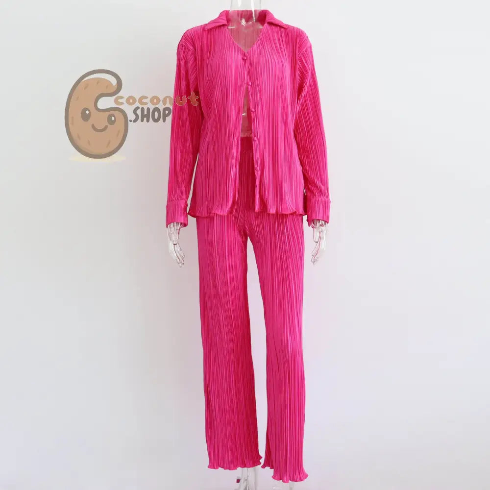 Sophisticated Pleated V-Neck Shirt and Casual Pants Two-Piece Set – Elegance Redefined - Rose Red / S