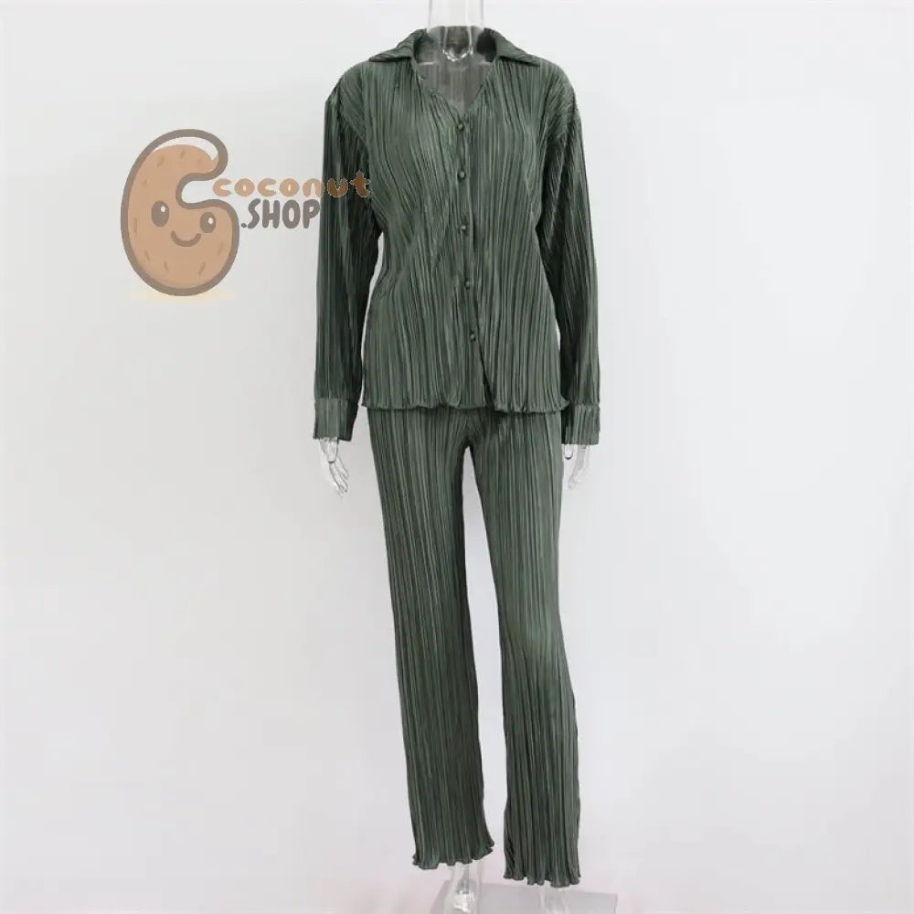 Sophisticated Pleated V-Neck Shirt and Casual Pants Two-Piece Set – Elegance Redefined - Army Green / S