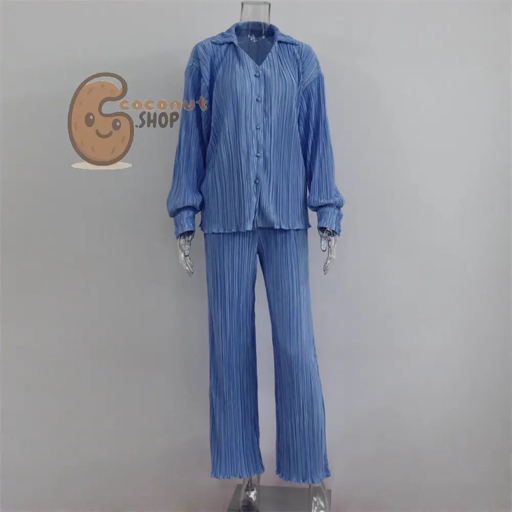 Sophisticated Pleated V-Neck Shirt and Casual Pants Two-Piece Set – Elegance Redefined - Blue / S